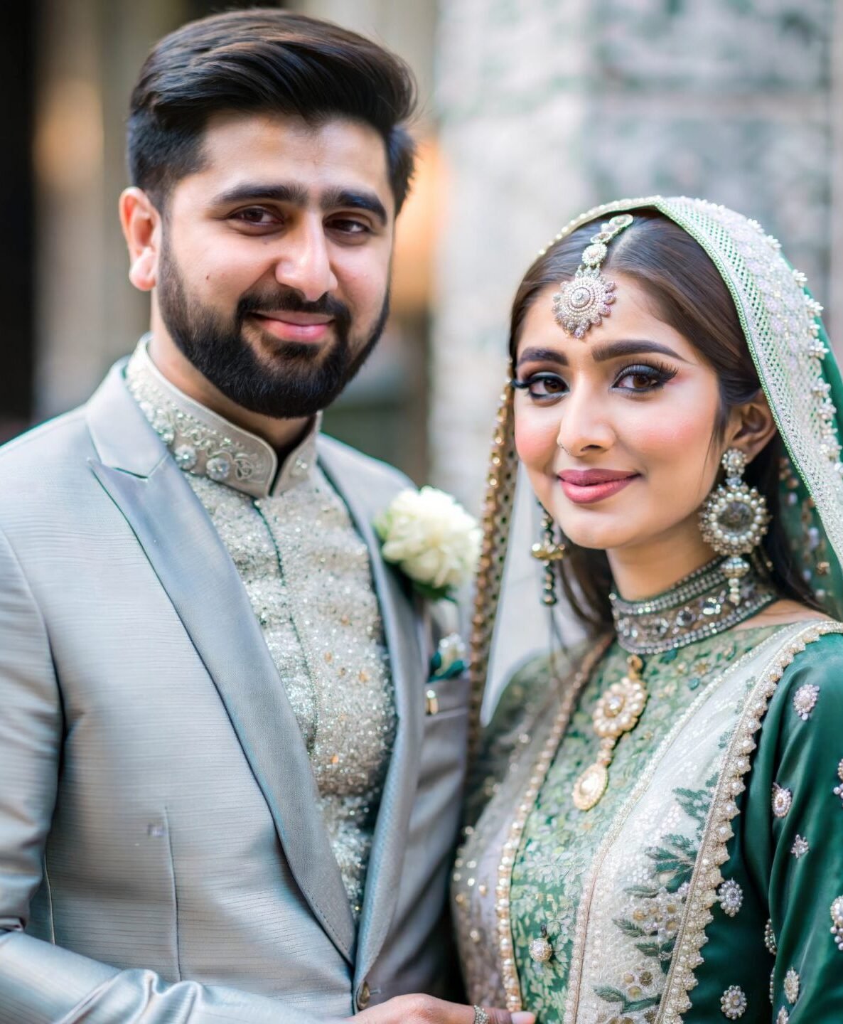 A beautiful portrait of a Muslim couple in traditional wedding attire, capturing the joy and celebration of a wedding day